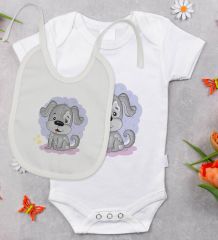 BK Kids Sevimli Köpek Tasarımlı Bebek Body Zıbın ve Mama Önlüğü Hediye Seti - Model 1