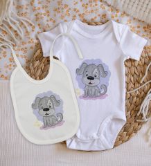 BK Kids Sevimli Köpek Tasarımlı Bebek Body Zıbın ve Mama Önlüğü Hediye Seti - Model 1
