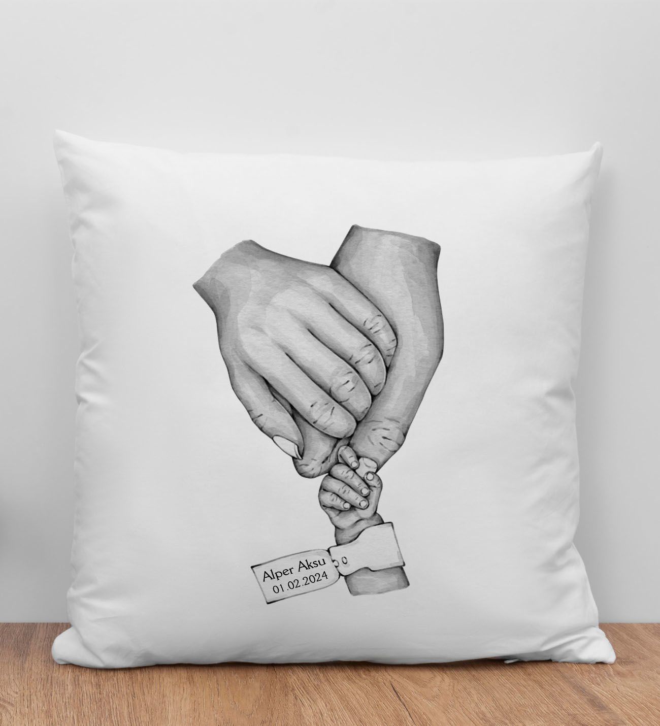 BK Gift Kişiye Özel Siyah Beyaz Aile El Ele Tasarımlı Beyaz Kırlent Yastık-8, Aile Hediyesi, Ev Dekorasyonu, Yeni Doğum Hediyesi