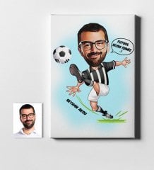 Kişiye Özel Futbolcu Siyah Beyaz Karikatür Kanvas Tablo (50 x 70 cm.) 1