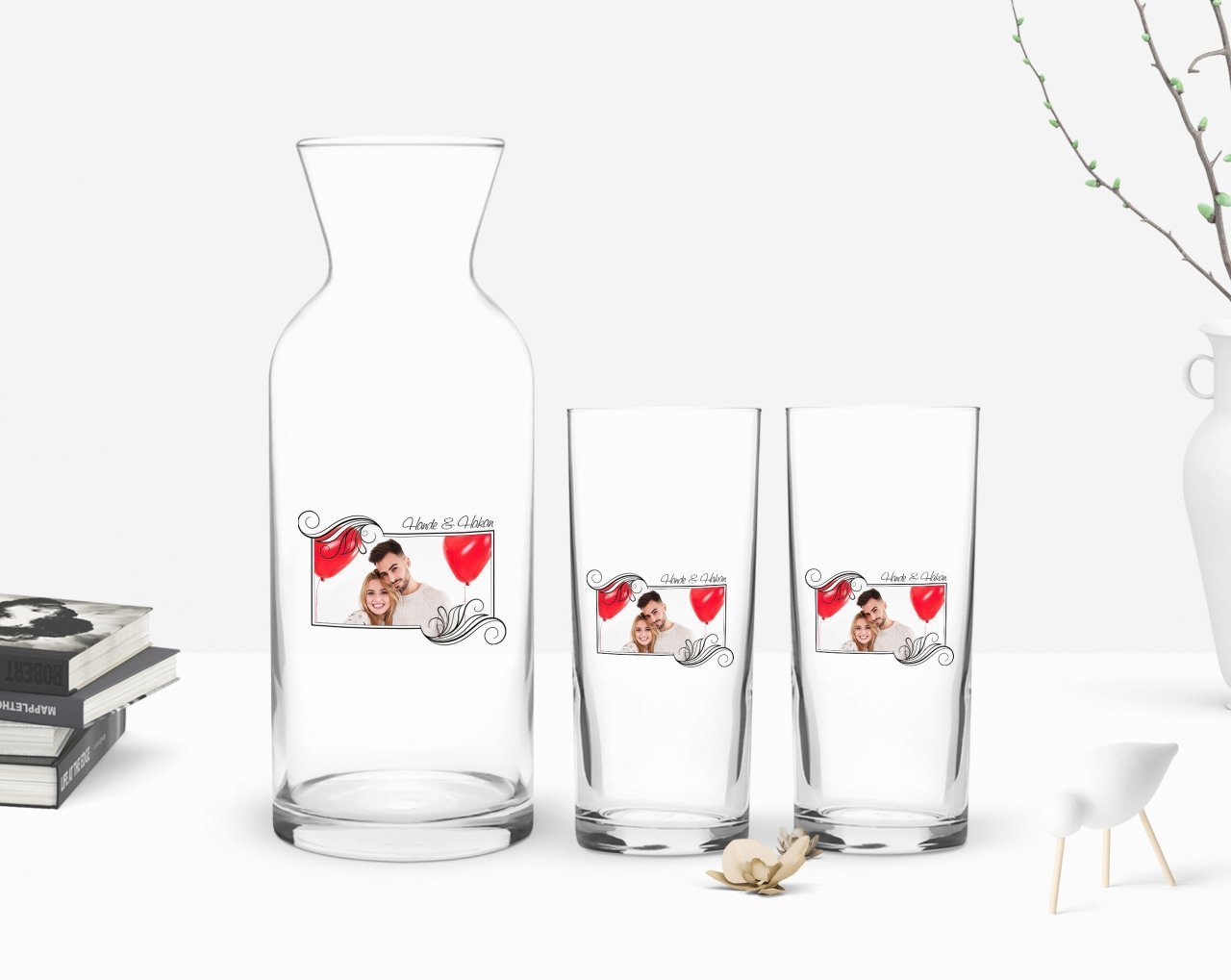 Kişiye Özel Renkli Baskılı İsimli Fotoğraflı İkili Rakı Bardağı ve Karaf Hediye Seti-32