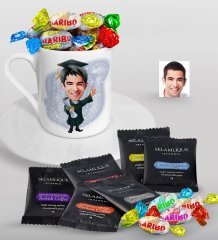 Kişiye Özel Bay Mezun Karikatürlü Türk Kahvesi Fincanı Selamlique Karışık Türk Kahvesi ve Haribo Şeker Hediye Seti-1