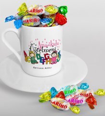 Kişiye Özel Anaokulu Öğretmeni Türk Kahvesi Fincanı ve Haribo Şeker Hediye Seti-4