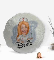 Kişiye Özel İsimli Hemşire Karikatürlü Yuvarlak Dekoratif Kırlent Yastık-1