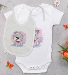 BK Kids Sevimli Kedi Tasarımlı Bebek Body Zıbın ve Mama Önlüğü Hediye Seti - Model 1