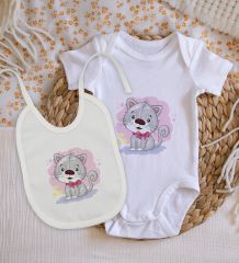 BK Kids Sevimli Kedi Tasarımlı Bebek Body Zıbın ve Mama Önlüğü Hediye Seti - Model 1
