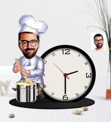 Kişiye Özel Bay Aşçı Karikatürlü Ahşap Biblo Masa Saati