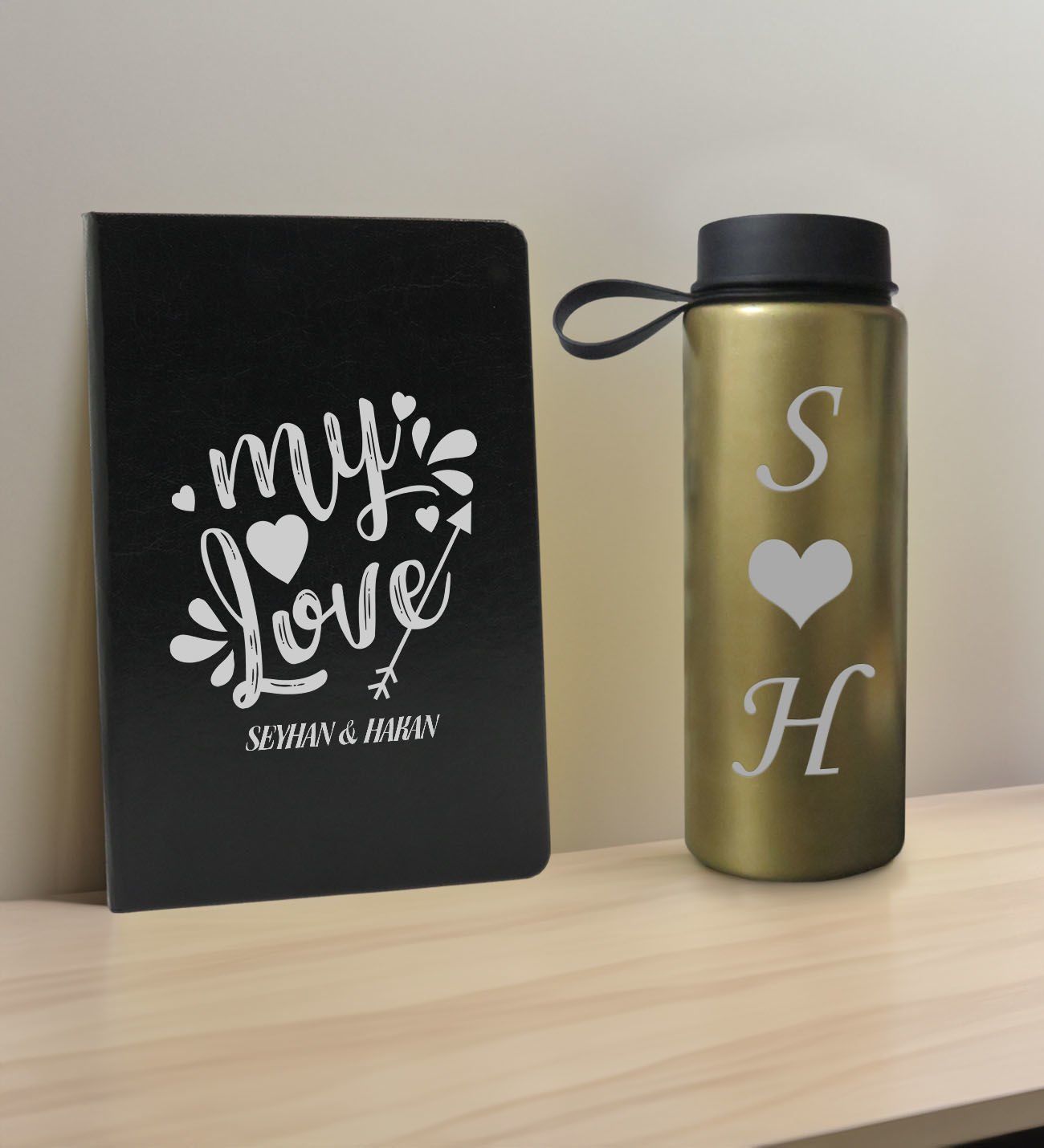 BK Gift Sevgiliye Özel İsimli Siyah Defter ve Gold Cam Matara Hediye Seti-9, Sevgiliye Hediye, Sevgililer Günü, Yeni İş Hediyesi