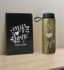 BK Gift Sevgiliye Özel İsimli Siyah Defter ve Gold Cam Matara Hediye Seti-9, Sevgiliye Hediye, Sevgililer Günü, Yeni İş Hediyesi