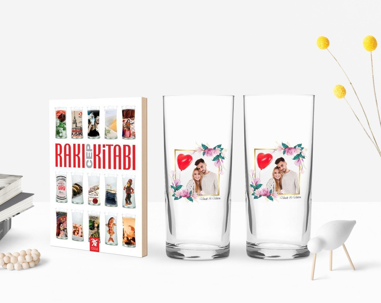 Kişiye Özel Renkli Baskılı İsimli Fotoğraflı İkili Rakı Bardağı ve Rakı Cep Kitabı Hediye Seti-30