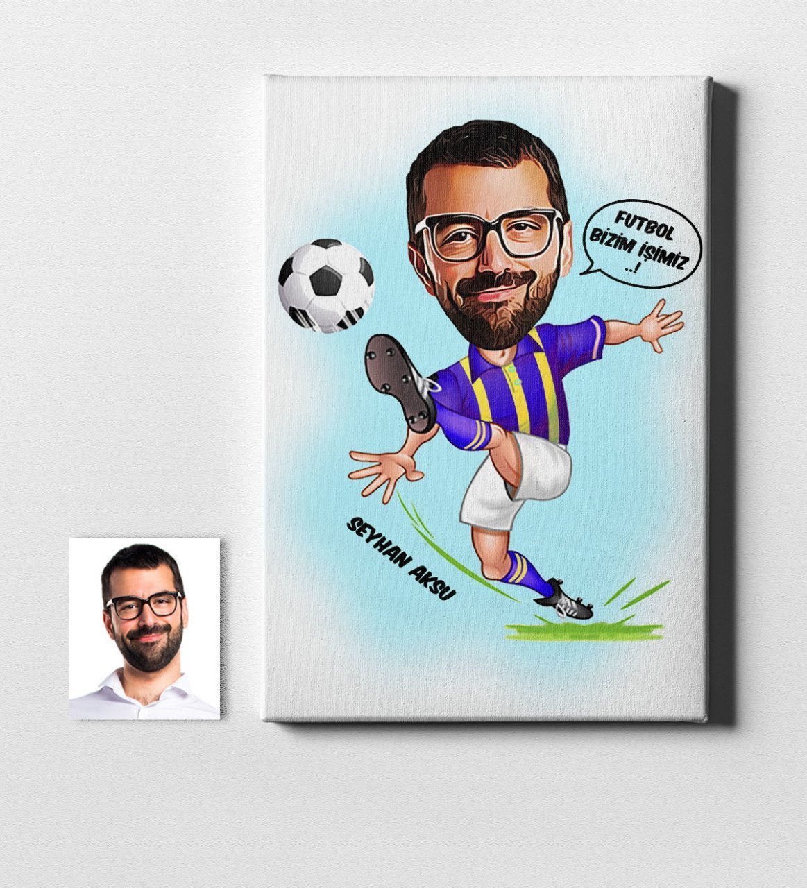 Kişiye Özel Futbolcu Sarı Lacivert Karikatür Kanvas Tablo (50 x 70 cm.) 1