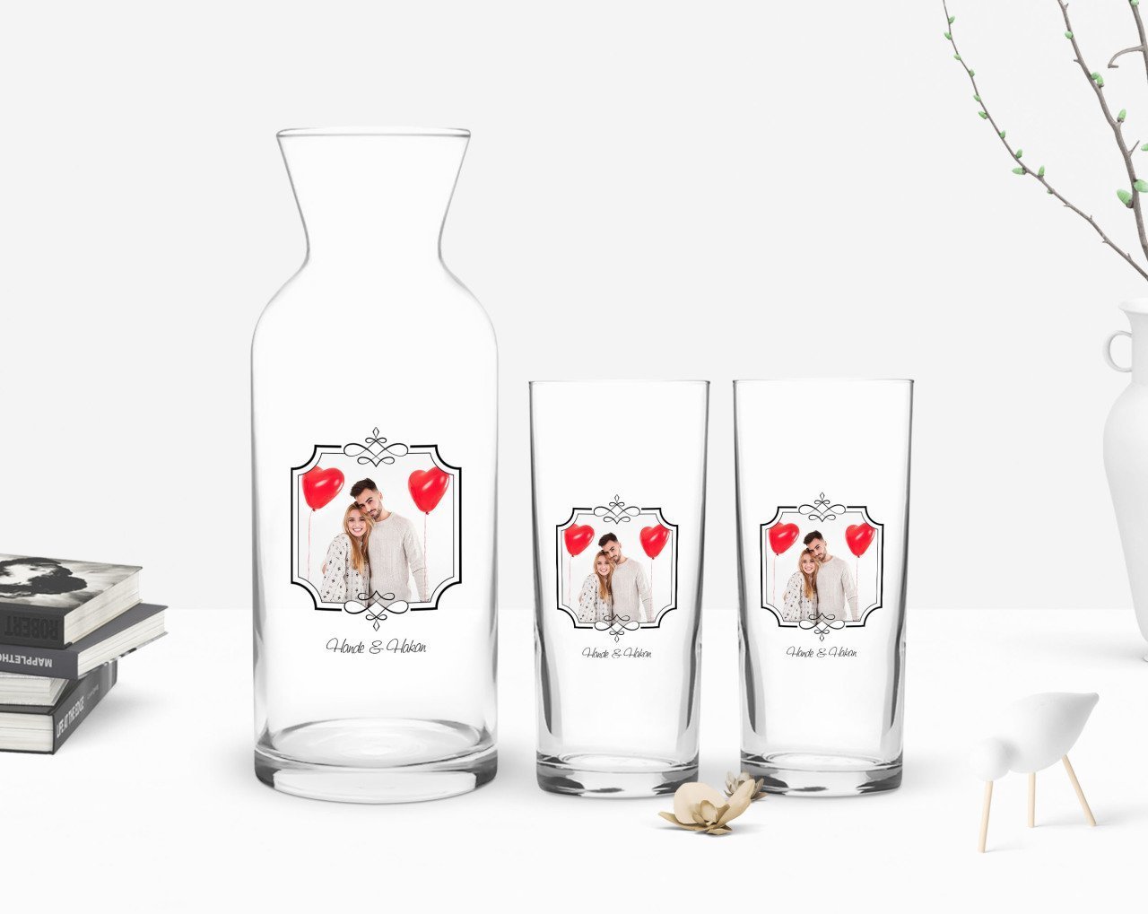Kişiye Özel Renkli Baskılı İsimli Fotoğraflı İkili Rakı Bardağı ve Karaf Hediye Seti-31