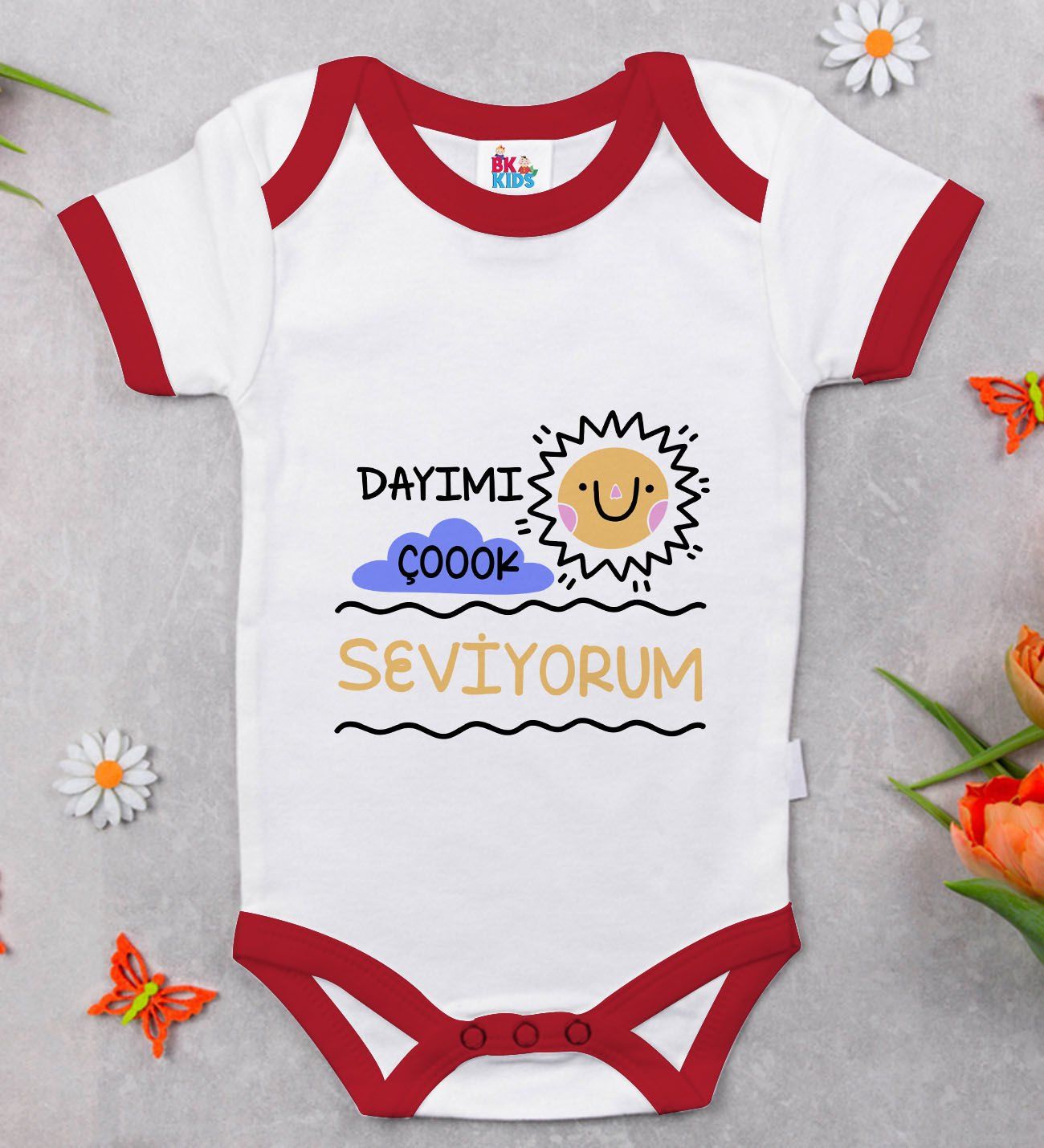 BK Kids Dayımı Çok Seviyorum Tasarımlı Kırmızı Bebek Body Zıbın-1