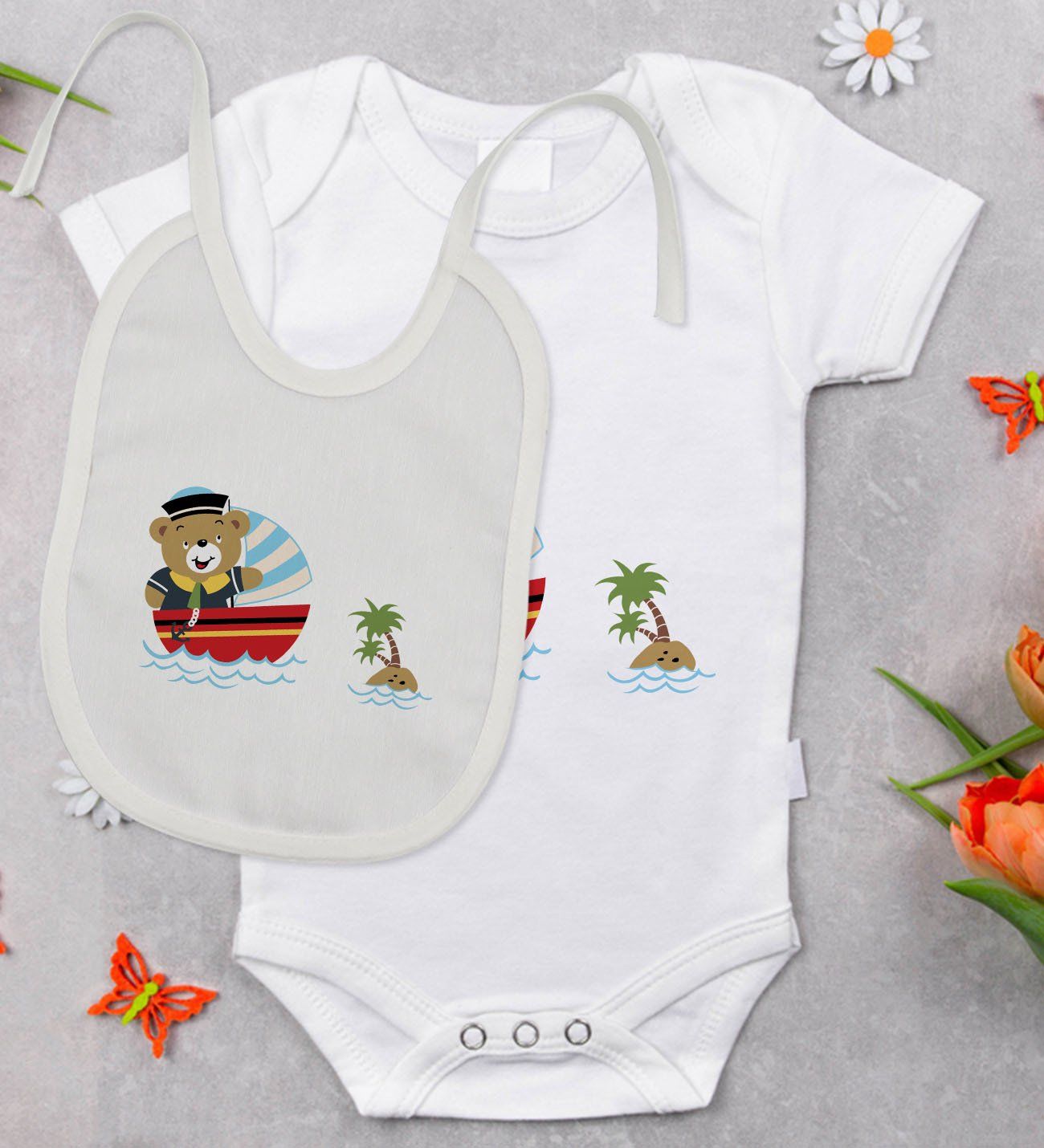 BK Kids Sevimli Kaptan Tasarımlı Bebek Body Zıbın ve Mama Önlüğü Hediye Seti - Model 2