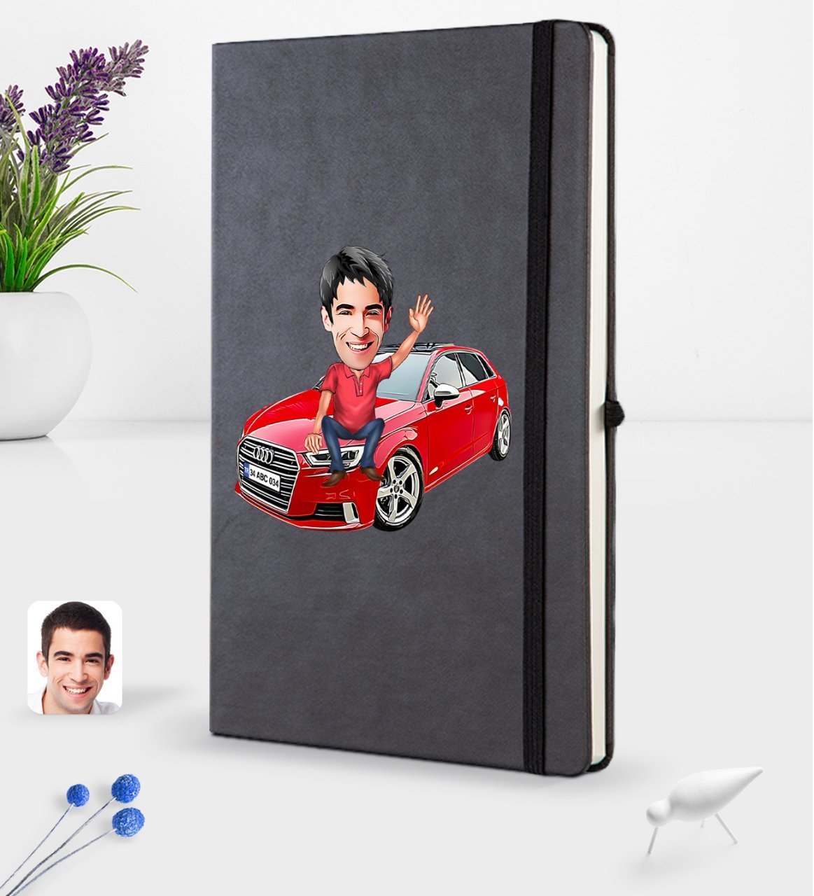 Kişiye Özel Plakalı Erkek Audi A3 Karikatürlü Siyah Termo Deri Defter 16x24cm Model 1