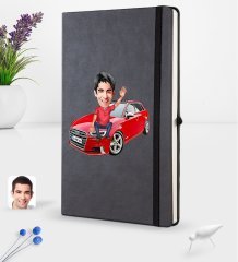 Kişiye Özel Plakalı Erkek Audi A3 Karikatürlü Siyah Termo Deri Defter 16x24cm Model 1