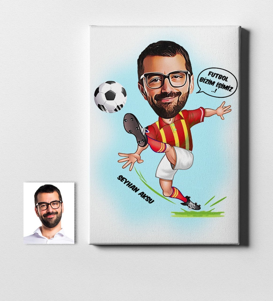 Kişiye Özel Futbolcu Sarı Kırmızı Karikatür Kanvas Tablo (50 x 70 cm.) 1
