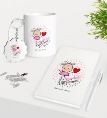 Kişiye Özel Anaokulu Öğretmeni Kupa Anahtarlık Beyaz Defter Kalem Hediye Seti-5