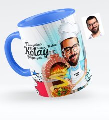 Kişiye Özel Bay Kebapçı Ustası Karikatürlü Mavi Kupa Bardak - 1