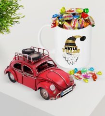 Kişiye Özel Yılbaşı Mutlu Yıllar Plakalı Nostaljik Kırmızı Metal Vosvos ve Kupa Haribo Şeker Seti-8