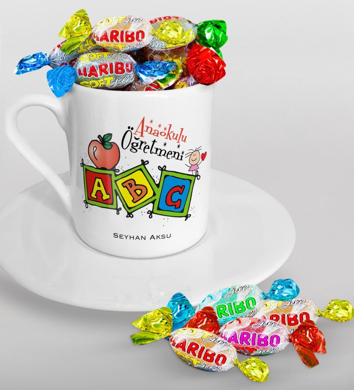 Kişiye Özel Anaokulu Öğretmeni Türk Kahvesi Fincanı ve Haribo Şeker Hediye Seti-1
