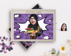Kişiye Özel Tesettürlü Kadın Öğretmen Karikatürlü 1000 Parça Profesyonel Puzzle-2