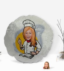 Kişiye Özel Kadın Chef Karikatürlü Yuvarlak Dekoratif Kırlent Yastık-12