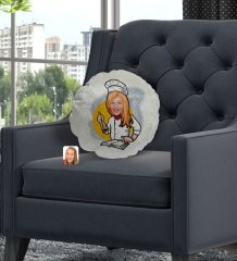 Kişiye Özel Kadın Chef Karikatürlü Yuvarlak Dekoratif Kırlent Yastık-12