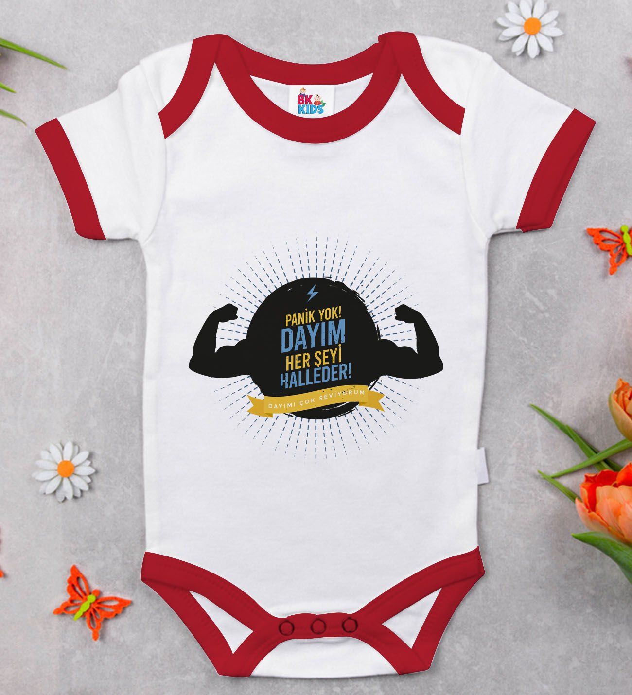 BK Kids Dayım Her Şeyi Halleder Tasarımlı Kırmızı Bebek Body Zıbın-1