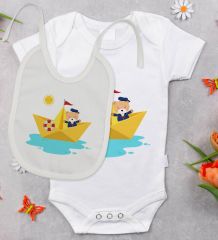 BK Kids Sevimli Kaptan Tasarımlı Bebek Body Zıbın ve Mama Önlüğü Hediye Seti - Model 1