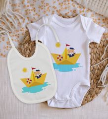 BK Kids Sevimli Kaptan Tasarımlı Bebek Body Zıbın ve Mama Önlüğü Hediye Seti - Model 1