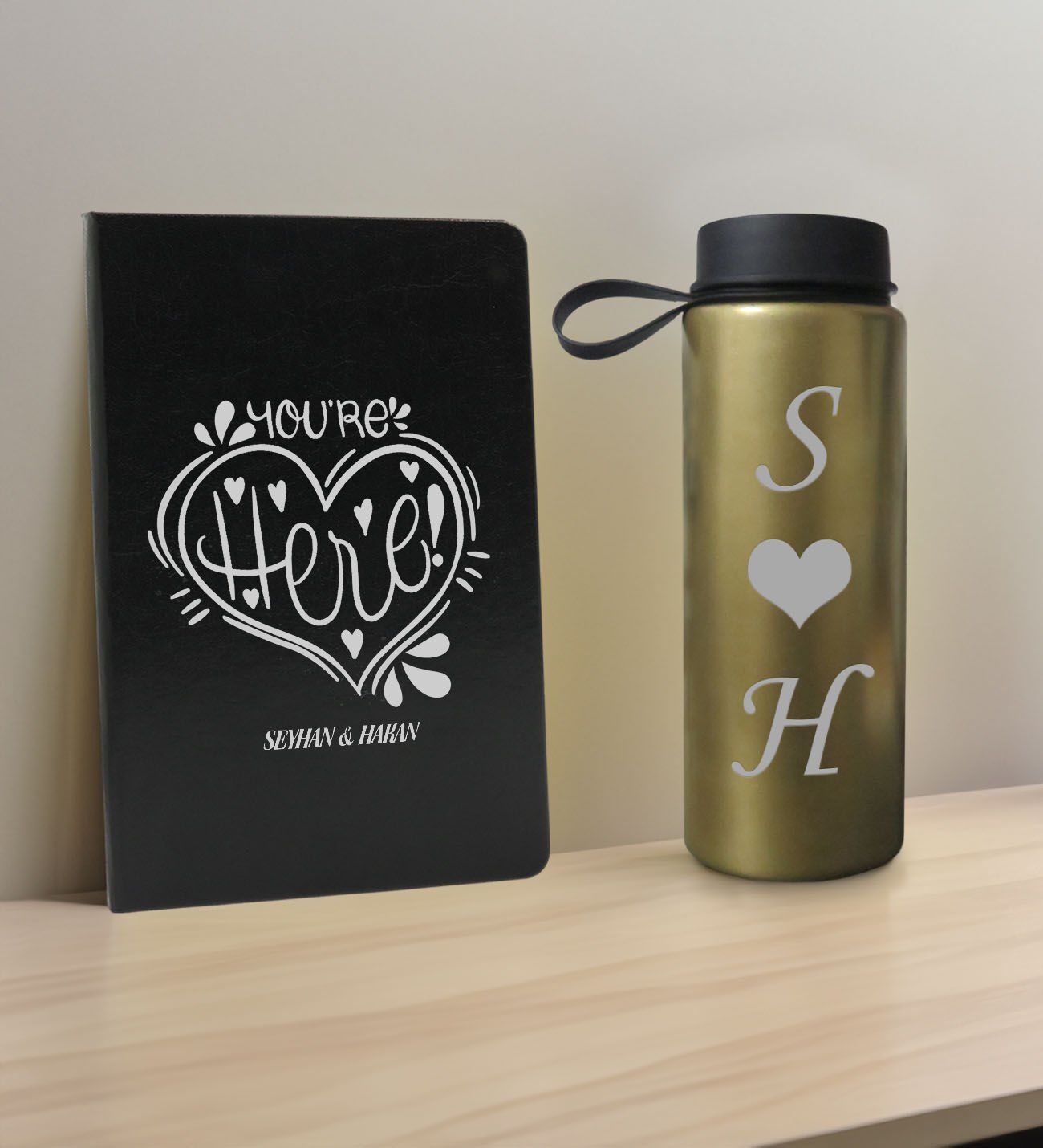 BK Gift Sevgiliye Özel İsimli Siyah Defter ve Gold Cam Matara Hediye Seti-7, Sevgiliye Hediye, Sevgililer Günü, Yeni İş Hediyesi