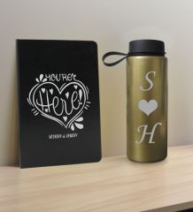 BK Gift Sevgiliye Özel İsimli Siyah Defter ve Gold Cam Matara Hediye Seti-7, Sevgiliye Hediye, Sevgililer Günü, Yeni İş Hediyesi