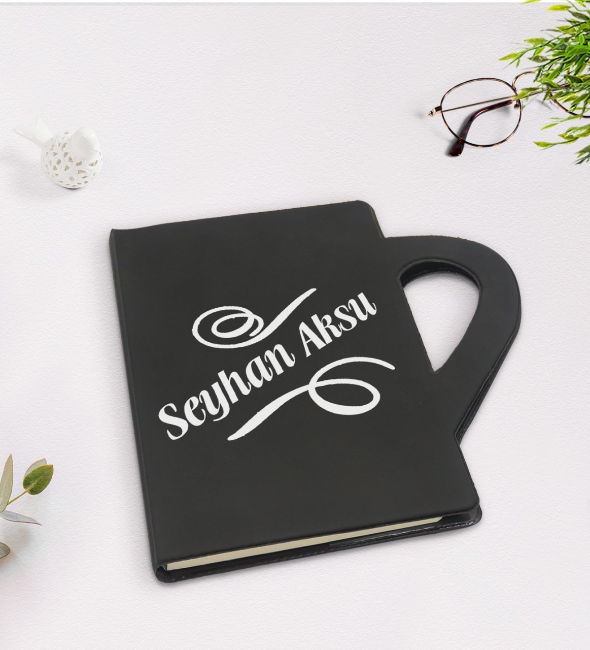 Kişiye Özel İsimli Kupa Şeklinde Siyah Termo Deri Defter Model 5