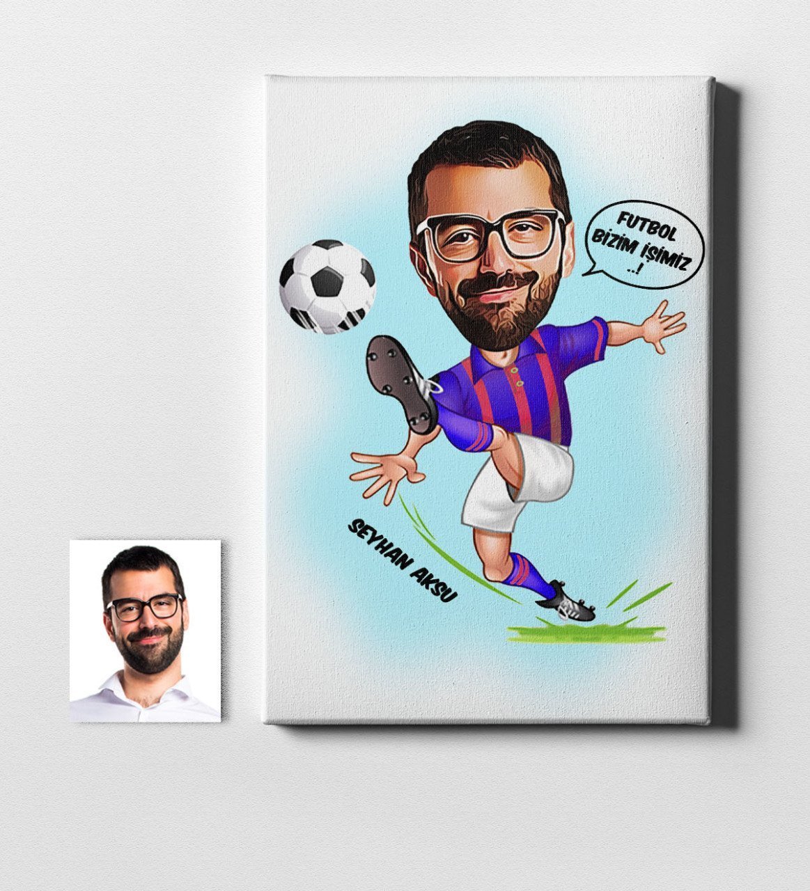 Kişiye Özel Futbolcu Bordo Mavi Karikatür Kanvas Tablo (50 x 70 cm.) 1