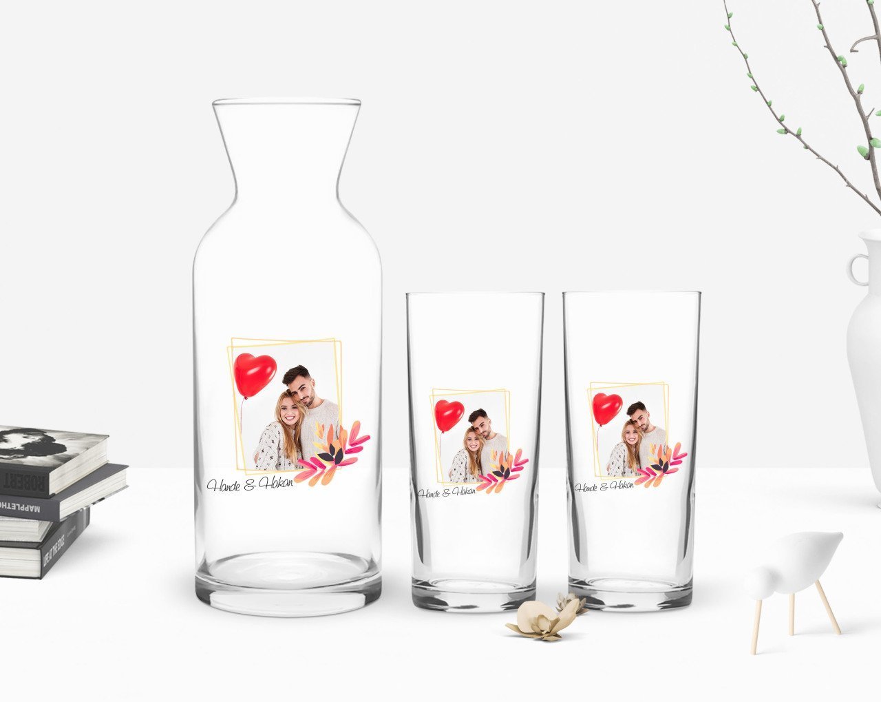 Kişiye Özel Renkli Baskılı İsimli Fotoğraflı İkili Rakı Bardağı ve Karaf Hediye Seti-29