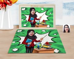 Kişiye Özel Tesettürlü Kadın Öğretmen Karikatürlü 1000 Parça Profesyonel Puzzle-1