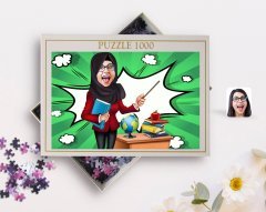 Kişiye Özel Tesettürlü Kadın Öğretmen Karikatürlü 1000 Parça Profesyonel Puzzle-1
