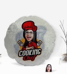 Kişiye Özel Kadın Chef Karikatürlü Yuvarlak Dekoratif Kırlent Yastık-11
