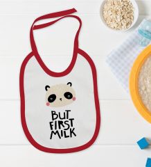 BK Kids But First Milk Tasarımlı Kırmızı Bebek Mama Önlüğü-1