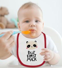 BK Kids But First Milk Tasarımlı Kırmızı Bebek Mama Önlüğü-1