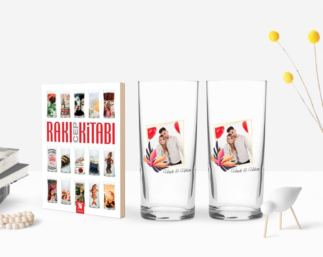 Kişiye Özel Renkli Baskılı İsimli Fotoğraflı İkili Rakı Bardağı ve Rakı Cep Kitabı Hediye Seti-27
