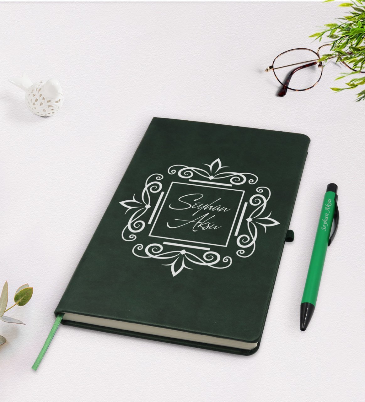 Kişiye Özel İsimli Yeşil Termo Deri Defter Kalem Seti Model 1