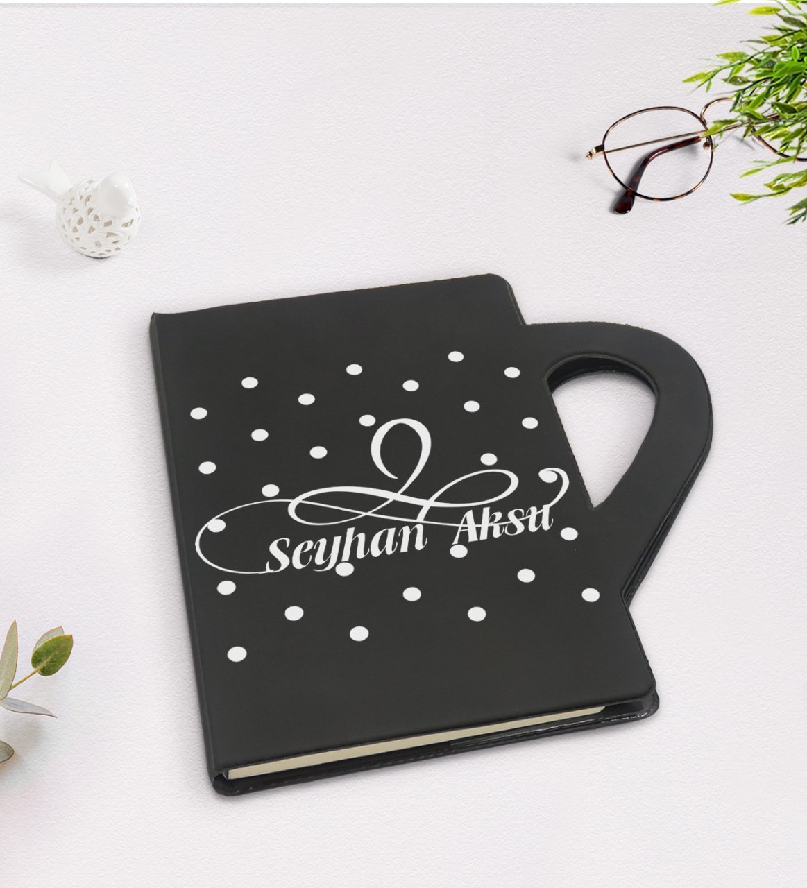 Kişiye Özel İsimli Kupa Şeklinde Siyah Termo Deri Defter Model 4