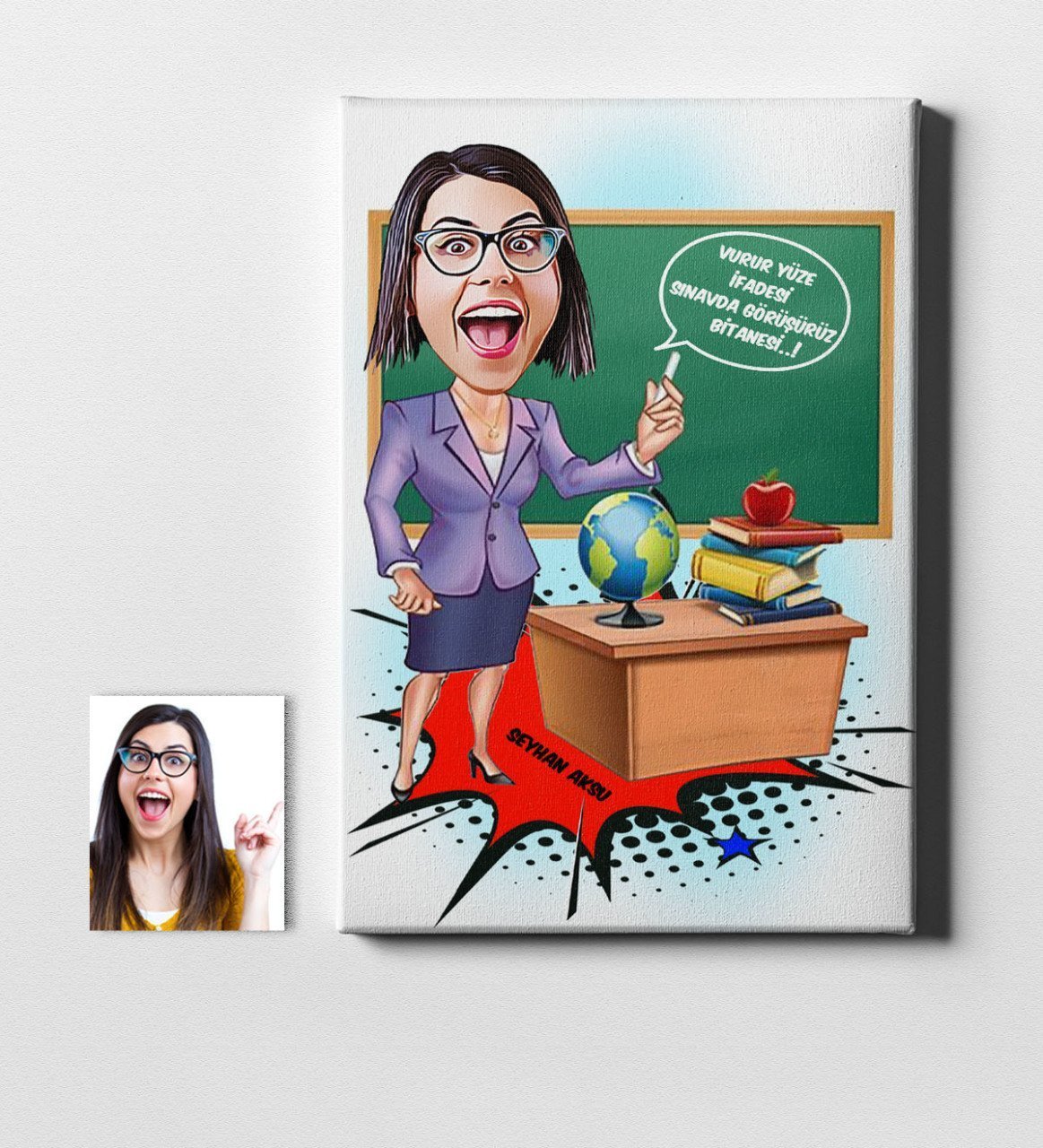 Kişiye Özel Bayan Öğretmen Karikatür Kanvas Tablo (50 x 70 cm.) 1