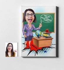 Kişiye Özel Bayan Öğretmen Karikatür Kanvas Tablo (50 x 70 cm.) 1
