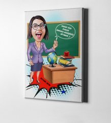 Kişiye Özel Bayan Öğretmen Karikatür Kanvas Tablo (50 x 70 cm.) 1