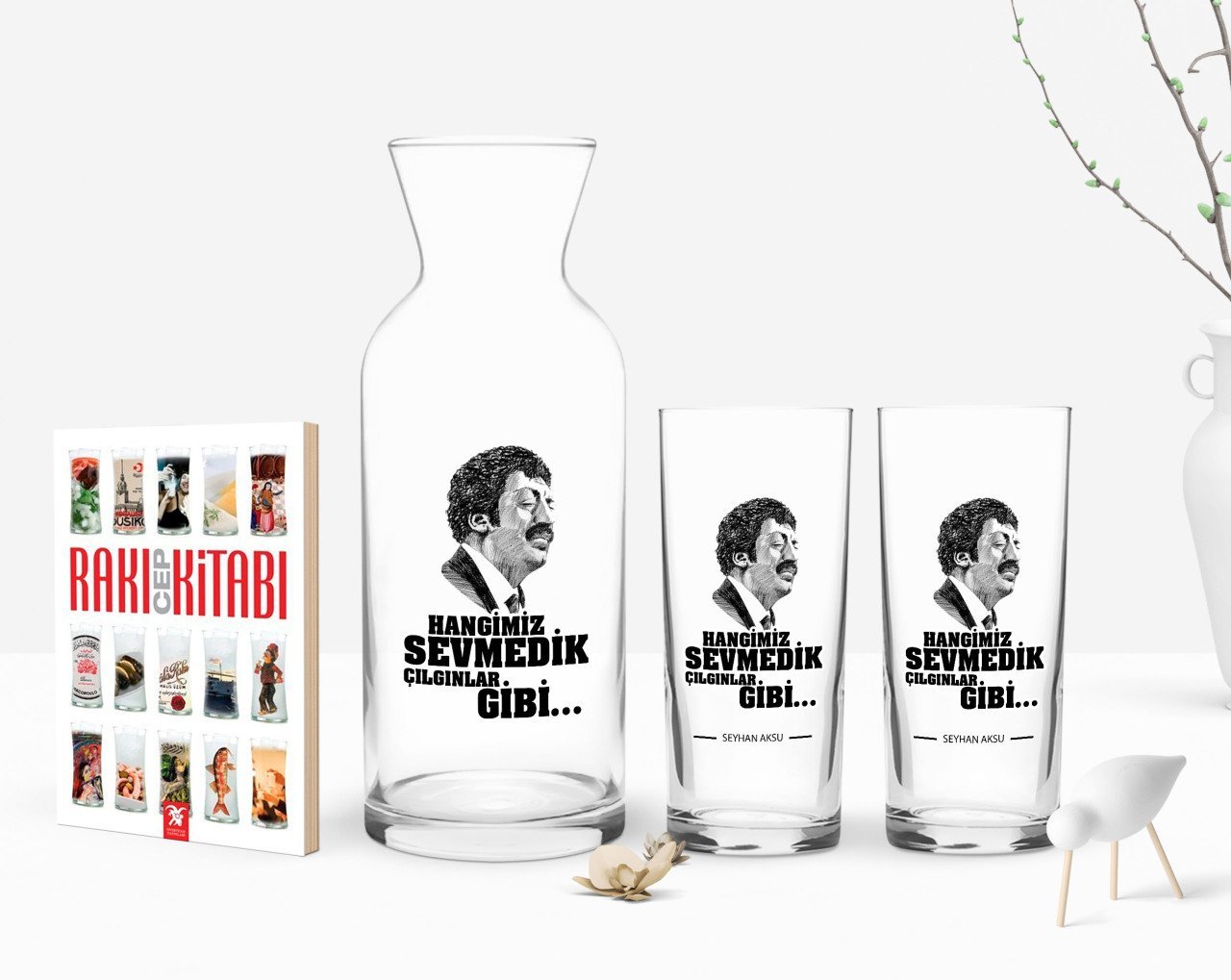 Kişiye Özel Renkli Baskılı Hangimiz Sevmedik Çılgınlar Gibi Tasarımlı İkili Rakı Bardağı Karaf ve Cep Kitabı Hediye Seti-6