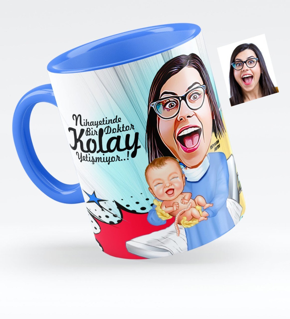 Kişiye Özel Bayan Kadın Hastalıkları ve Doğum Uzmanı Karikatürlü Mavi Kupa Bardak - 1