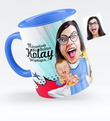 Kişiye Özel Bayan Kadın Hastalıkları ve Doğum Uzmanı Karikatürlü Mavi Kupa Bardak - 1